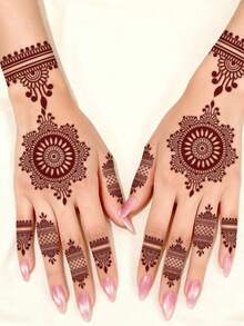 1张花卉曼陀罗海娜纹身贴纸，防水防汗，红色花卉曼陀罗几何藤蔓图案，色彩鲜艳，时尚优雅，适用于手部海娜纹身，植物设计，临时纹身，是生日、婚礼、派对装饰的理想之选。 - 紅色 - 查看 3