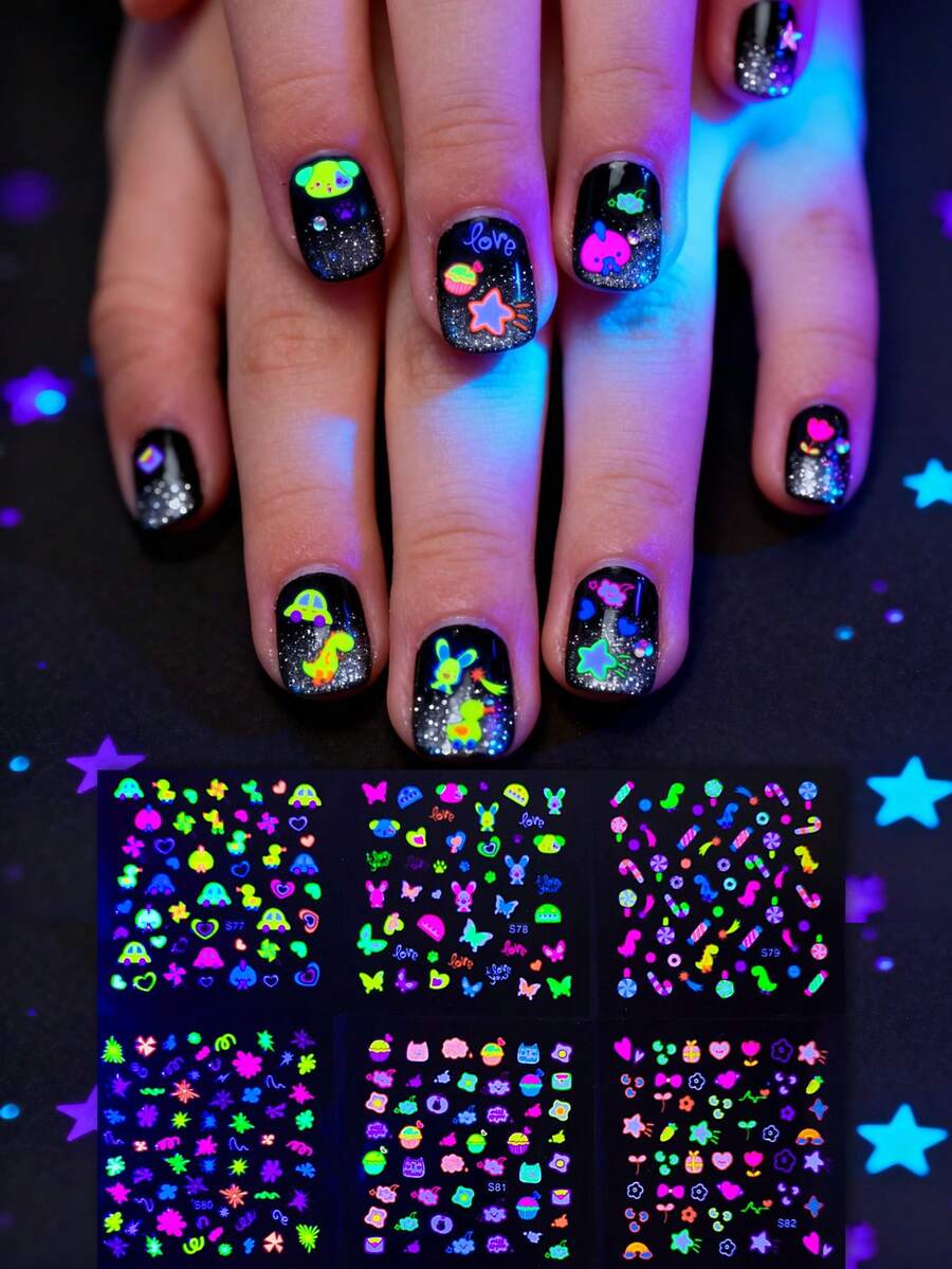 6pcs Glow-In-The-Dark Neon Nail Art Stickers For Kids, Featuring Cartoon Flowers, Hearts, Butterflies And Stars, Suitable For Children Girls' DIY Nail Decoration And Kids Gifts Kids Nails
