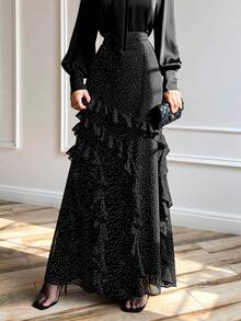 PoPoHouse 女士夏季半身裙，透气舒适轻盈，饰有荷叶边和波点图案，适合度假、通勤、节日等各种场合，优雅时尚，是春夏女装的理想之选（黑色）。 - 黑色 - 查看 6