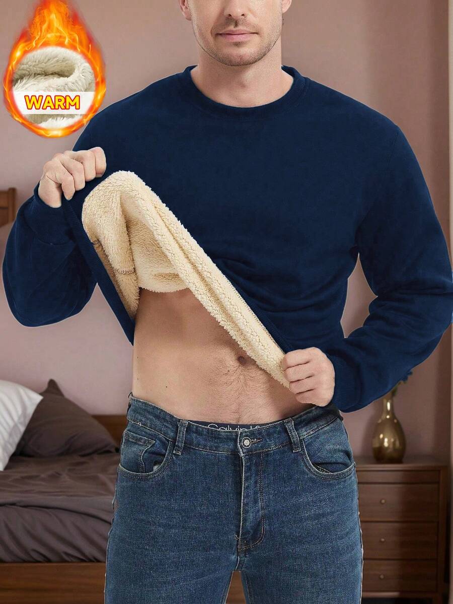 男士保暖套头卫衣，加厚保暖内里，宽松版型，适合日常通勤、休闲居家穿着、户外运动，圆领长袖连帽衫，秋冬季款 - 藏蓝色 - 查看 1