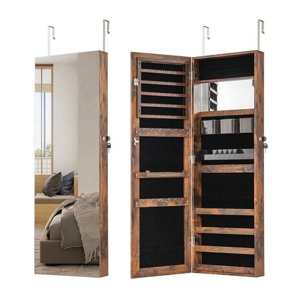 GOFLAME Wall/Door Mounted Jewelry Mirror Cabinet Armoire Organizer With Full-Length Mirror Interior Makeup Mirror