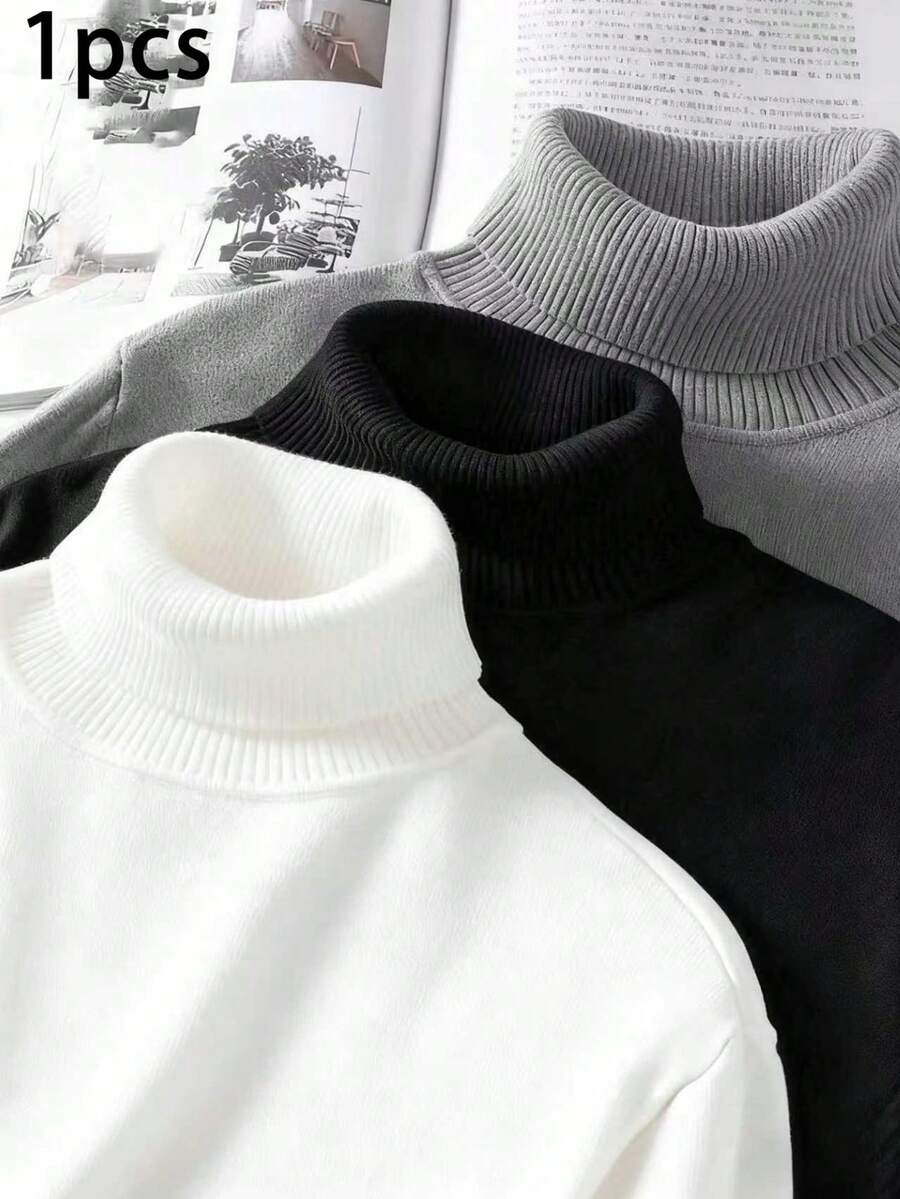 1pc Men's Casual Sports Comfortable Thermal Lined Turtleneck Sweater, Slim Fit, Suitable For Home And Outdoor Activities, Can Be Gifted To Couples, 100% Polyester Material, Available In Multiple Colors - White - View 1