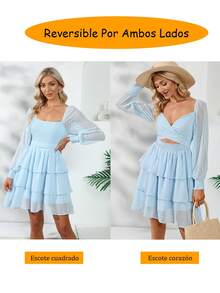 Vestidos Casuales de Manga Larga con Mangas de Rejilla para Mujer, Casual y Elegante Reversible - Azul - Ver 8