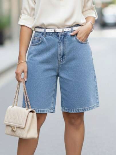 Bermuda Jeans Feminina Cintura Alta Reta Casual Confortável com Bolsos Denim Azul Moda Urbana  Casual  Fofo    Algodão    Bermuda Jeans  Praia  Formal e Noturno  viagem    Verão