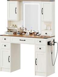 KAMABOKO Escritorio de Vanidad con Espejo y Luces, Mesa de Maquillaje con Cajones y Estantes, Toma de Corriente, Mesa de Vestir con Almacenamiento de Joyas para Dormitorio (044 Negro)