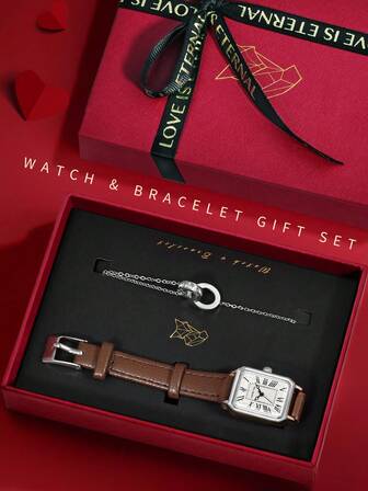  LUCKYFOX 女孩石英表礼盒套装，青少年石英表配手链，简约休闲复古锌合金小方皮表带石英表及手链礼盒套装，含贺卡，适合万圣节、圣诞节、年末等场合。