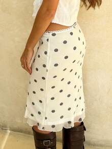 Women Satin Lace Trim Midi Skirt Polka Dot Print High Waist Long A-Line Skirts Vintage Silk Going Out Dress Y2k Streetwear Party Clubwear - 彩色 - 查看 9