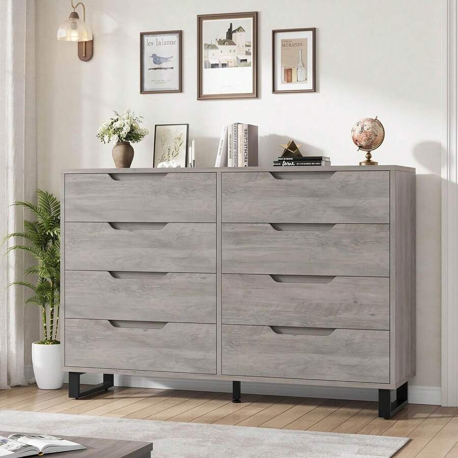 CuisinSmart 8 Drawer Dresser, 55" Wide Wooden Storage Chest, Freestanding Horizontal Cabinet With Waterproof Top For Bedroom, Living Room, Entryway - 灰色 - 查看 1