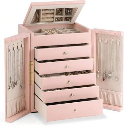 Jewelry Box For Girls Women, 6-Tier Large Jewelry Organizer Box, Jewelry Storage Organizer, Jewelry Gift Box For Christmas, Valentine's Day, Birthday, Mother's Day (Pink)