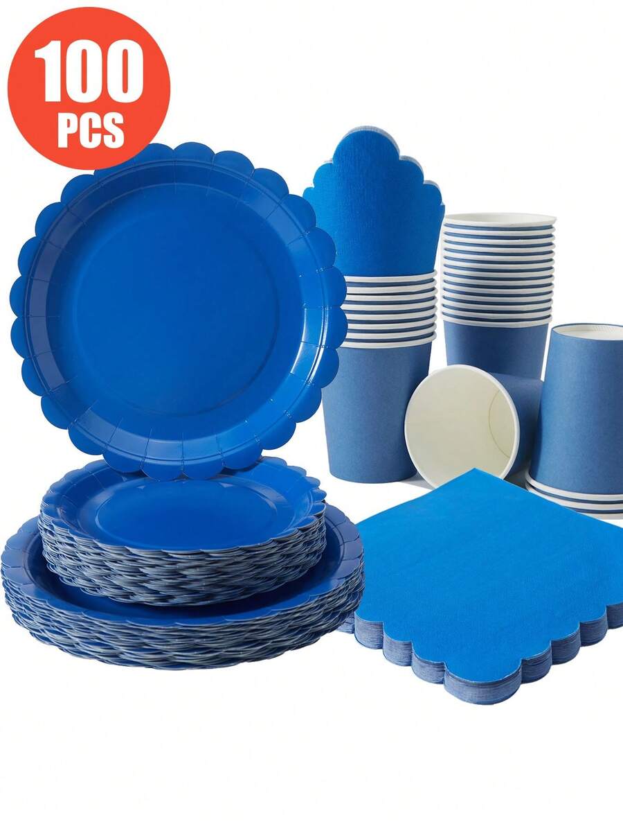 100/75/25/10 piezas Platos desechables con forma de pétalo azul real, servilletas, vasos, suministros para fiestas, adecuados para 25 invitados, platos de papel desechables vajilla para fiestas de cumpleaños, bodas, fiestas, picnics familiares - azul real - Ver 1