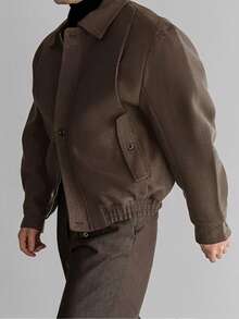 男士高品质厚重翻领羊毛混纺短款夹克，美式复古休闲时尚轻薄风衣，适合春秋冬季 - 棕色 - 查看 5