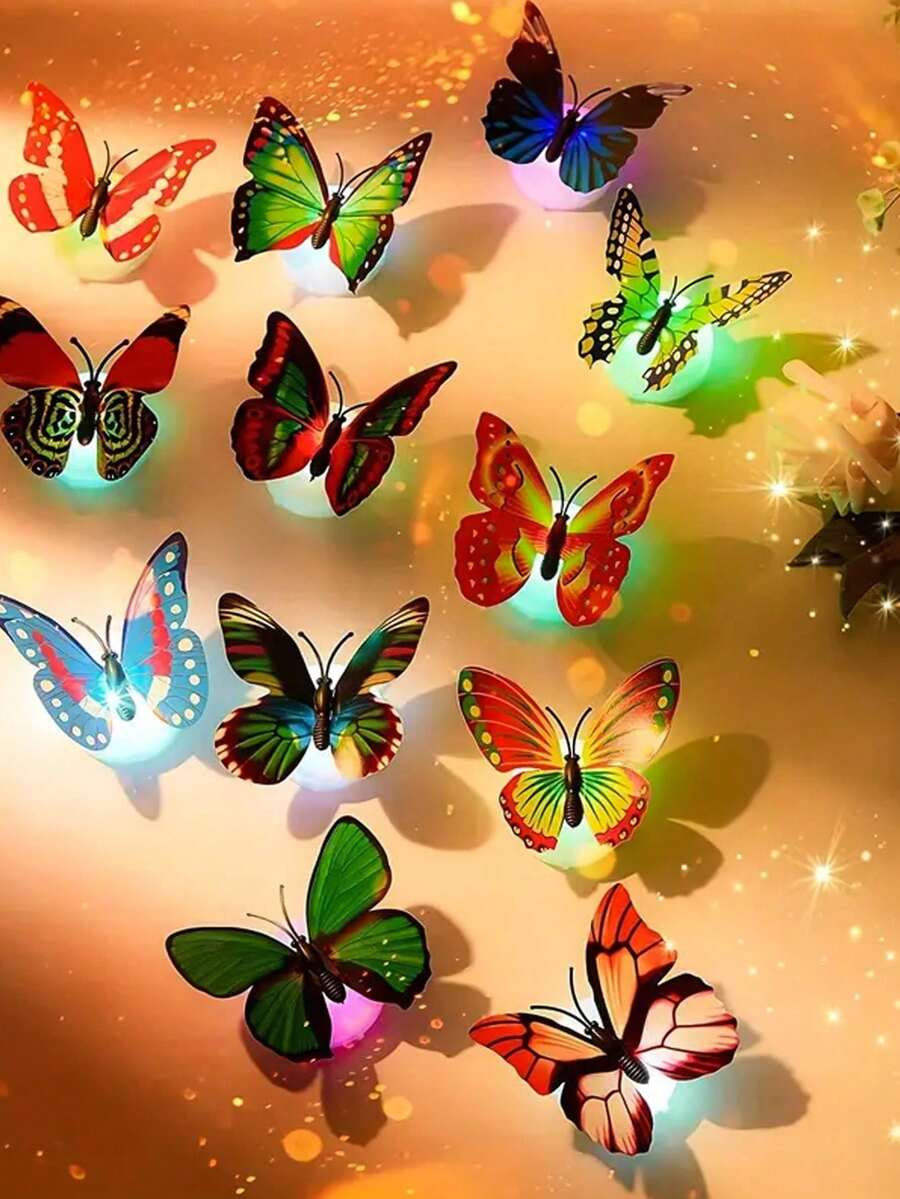 1/4/15/50pcs Random Color LED 3D Butterfly Decorative Night Light, Wall Sticker Light, Battery Powered Cute Gin Tonic Accessory, Cute Office Desk Decor, Suitable For Garden, Backyard, Laurence, Party, Holiday, Home Decor, Yard Decor