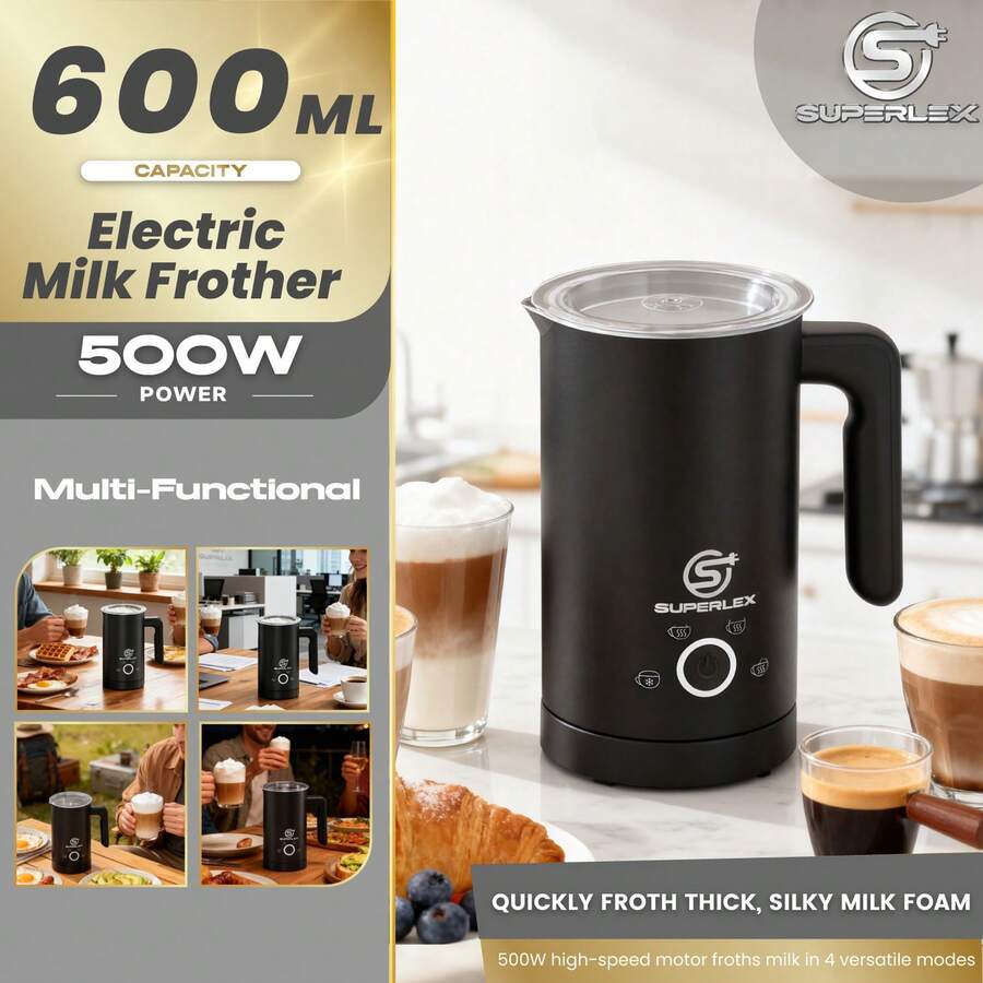 SUPERLEX Electric Milk Frother, Milk Mixer, With 4 Modes (Including Heating And Frothing Functions), 600ml Large Capacity, Stainless Steel Material Easy To Clean – Very Suitable For Use In Apartments, - 查看 1