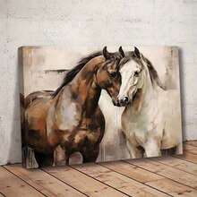1 Pieza de Arte de Pared en Lienzo de Caballo Retro en Marco - Estilo Country y Decoración Ecuestre, Escena de Establo en Tonos Cálidos con Bombillas Brillantes, Parejas y Amantes de la Naturaleza, Obra de Arte Interior Acogedora | Arte de Pared | Obra de Arte Terrestre, Amantes de los Caballos, 2D, Decoración de Habitación Dormitorio - Multicolor - Ver 1