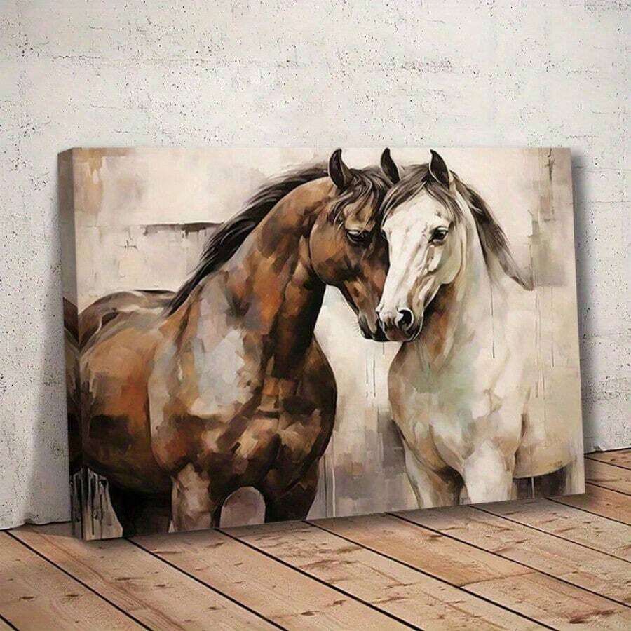 1 Pieza de Arte de Pared en Lienzo de Caballo Retro en Marco - Estilo Country y Decoración Ecuestre, Escena de Establo en Tonos Cálidos con Bombillas Brillantes, Parejas y Amantes de la Naturaleza, Obra de Arte Interior Acogedora | Arte de Pared | Obra de Arte Terrestre, Amantes de los Caballos, 2D, Decoración de Habitación Dormitorio - Multicolor - Ver 1