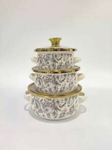 3件套搪瓷锅具：双耳奶锅、搪瓷碗、迷你锅、汤锅、拉面碗、小火锅、加厚搪瓷锅、适用于电磁炉和燃气灶的双耳迷你炖锅、猪油罐、带盖奶锅、两用锅