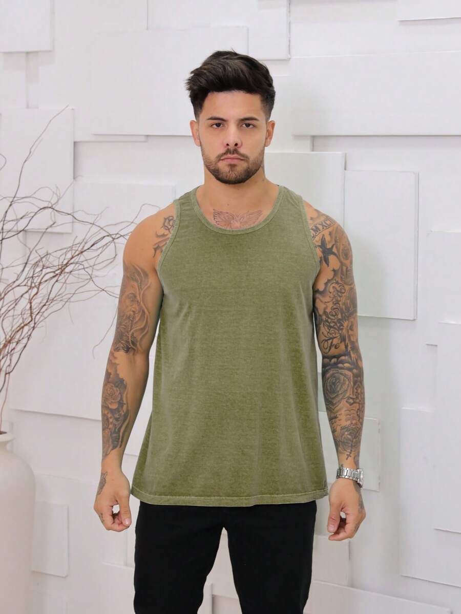 Men's Regular Tank Top, Plain, Summer Style, With Washed Knit Stitching. - 芥末黃 - 查看 1