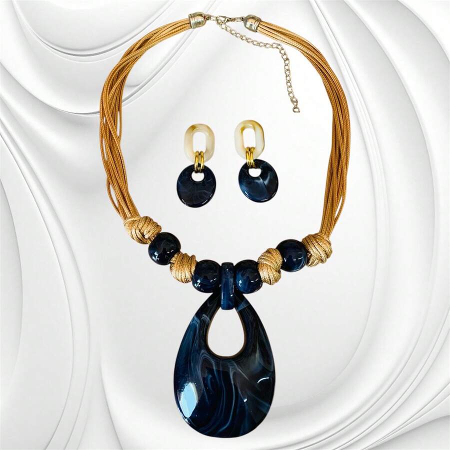 Conjunto Gota Vazada Moderno de Colar e Brincos – Elegância Artesanal e Design Exclusivo - azul marinho - Visão 1