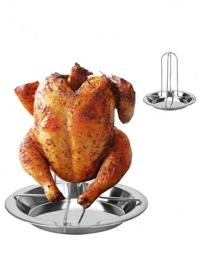 1pc Stainless Steel Roast Chicken Rack - Multifunctional BBQ Roast Chicken Rack With Drip Tray, Suitable For Grilling, Oven, Non-Stick, Foldable, Versatile Barbecue Accessory For Outdoor Cooking And Camping To Ensure Perfectly Roasted Chicken Every Time.