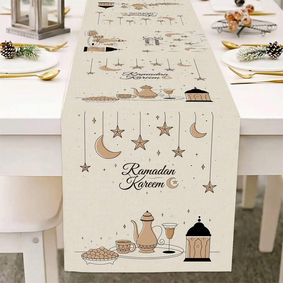 1 buah Taplak Meja Ramadan, Dekorasi Bintang & Bulan dengan Desain Peralatan Makan, Taplak Meja Minimalis Mirip Linen, Bendera Kabinet Gaya Rumah Pertanian, Dekorasi Meja Makan untuk Ramadan dan Perayaan Idul Fitri, Cocok untuk Pesta Liburan, Dapur Gaya Rumah Pertanian dan Dekorasi Katering - Krem - View 1