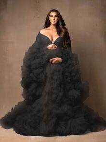 1pc  Floral    Party  Elegant    Mesh Fabric    Knot  Ruffle Hem    Maternity Dress  Wedding    Summer Fall Spring Winter  Ruffles  Long Sleeves  Kimono  Pregnant Gowns For Photoshoot  Plus Size  Gift For Valentine Day - 黑色 - 查看 1