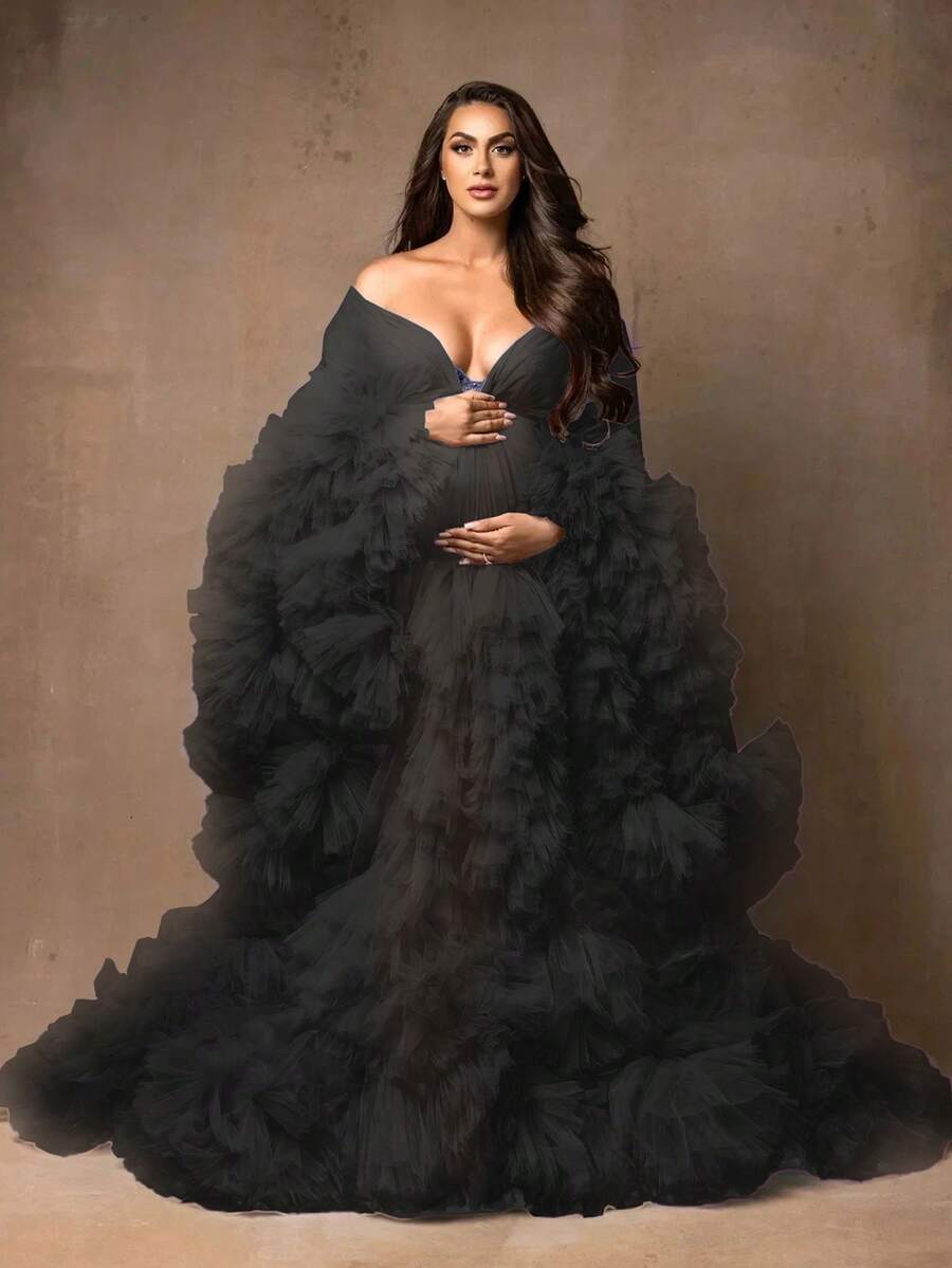 1pc Floral Party Elegant Mesh Fabric Knot Ruffle Hem Maternity Dress Wedding Summer Fall Spring Winter Ruffles Long Sleeves Kimono Pregnant Gowns For Photoshoot Plus Size Gift For Valentine Day - 黑色 - 查看 1