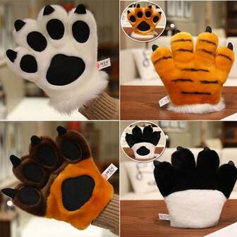 Realistic Cartoon Cute White Tiger Paw Gloves, Performance Props, Big Bear Animal Gloves, Plush Doll Panda Cat Claw Doll Doll Gift, Cosplay Thick Warm Gloves, Anime Convention Gloves, Suitable For Winter, Students, Halloween, Christmas Activities