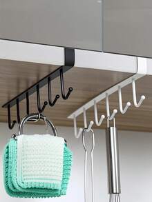 6 Hooks White/Black Storage Rack, No Drilling Required, Multi-Function Storage Hanging Hook Strip, Wardrobe Hooks, No Drill Kitchen Hooks, Adhesive Hook Rack, Track Style Kitchen Utensil Rack, Kitchen Pot Hanging Rack - Multicolor - View 1