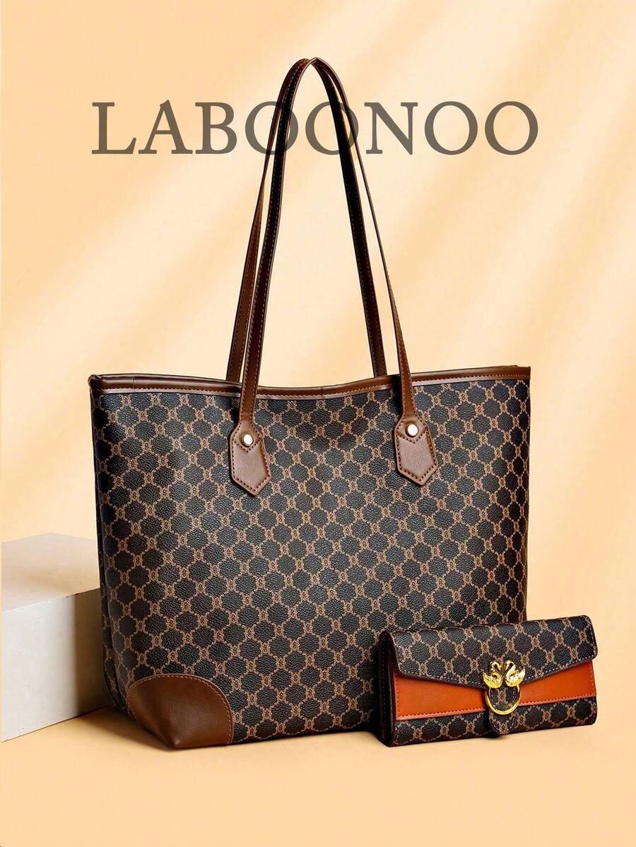 2pcs Set: Vintage Printed Tote Bag + Wallet, Fashion Large Capacity Handbag For Middle-Aged Women - Brown - View 1