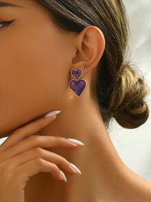 1 Đôi bông tai hình trái tim giọt dầu thời trang tối giản dành cho nữ, thích hợp cho ngày lễ tình nhân và đeo hàng ngày - Màu tím - Xem 4