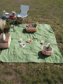1pc Charming Green & White Plaid Rectangular Picnic Blanket - Woven Rayon Tablecloth For Wedding, Vacation, Camping, Beach, Photography Backdrop, Picnic Accessory With Lockstitched Edges - Green 1 - View 7