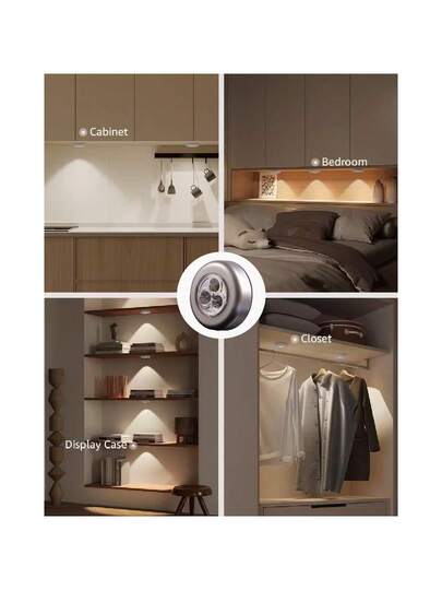 Wireless LED Round Push Lights, Battery Rechargeable, Adhesive Back, Portable Easy Installation, Hallway, Bathroom, Bedroom, Kitchen, Cabinet, Stairs Home view 2