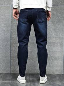 Men's Blue Stretch Washed Denim Denim Trousers With Pockets - Slim Straight Slacks, Medium Stretch, Suitable For All Seasons, Machine Washable & Dry Clean, Comfortable To Wear With Attention To Detail - Vaqueros Para Hombre - Navy Blue (32L) - View 2