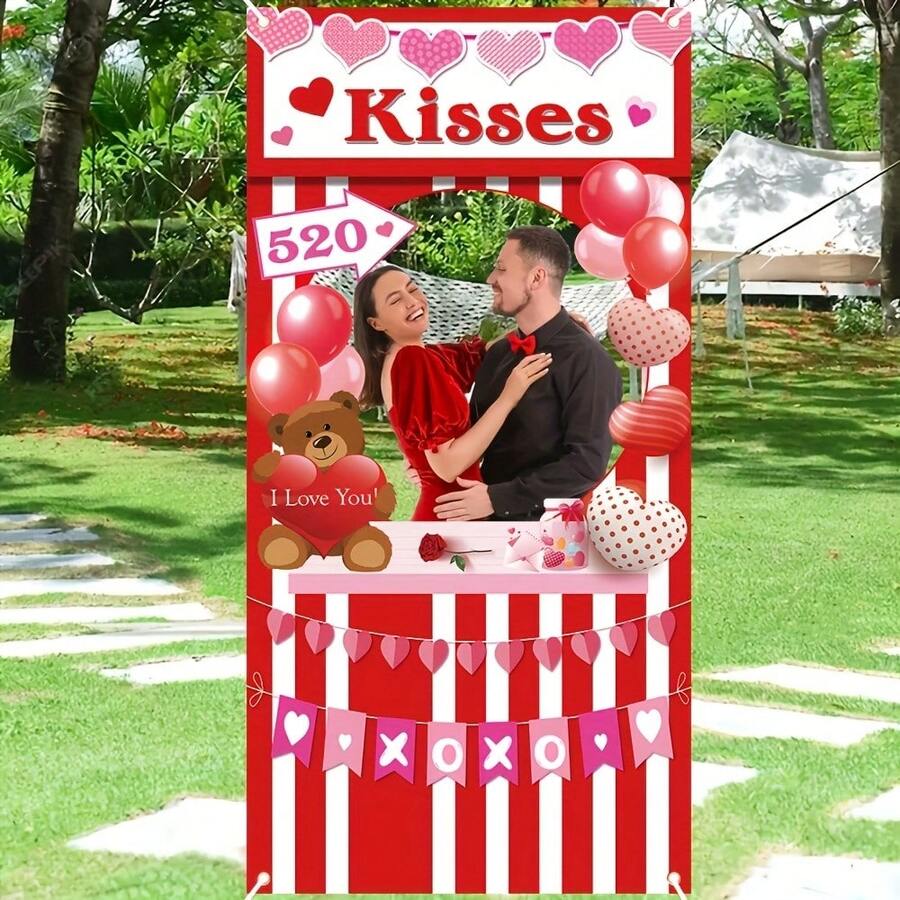 1件情人节拍照道具横幅 - 浪漫红色爱心涤纶背景布，适用于婚礼、新娘送礼会、生日、订婚派对 - 通用春季节日装饰，室内外均可使用 - 彩色 - 查看 1