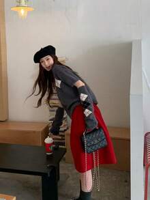 Vintage Korean Style Christmas Vibe Round Neck Short Sleeve Sweater With Matching Sleeve Cuffs - Grey - View 4