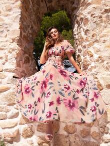 Floral Print Chiffon Maxi Dress, Square Neckline, Short Puff Sleeves - Ruched Bodice, Floor-Length Sheer Dress Decorated With Colorful Flowers, Suitable For Special Occasions, Formal Parties And Fashion Events Party Spring Pink Wedding - Pink - View 4