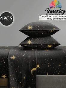 4pcs/Set Black Background Star Moon Pattern Sheet Set Easy Care Microfiber Soft Bedding Set Floral Fitted Sheet Set (1pc Flat Sheet+1pc Fitted Sheet+2pcs Pillowcases)Fitted Sheet Set King Queen Full TWIN SIZE Sheet Deep Pocket Up To 11.8 Inch Pillowcase, Soft Breathable Wrinkle-Free Better For Sleep, Luxury Hotel Style, Gift For Mom Dad Friend