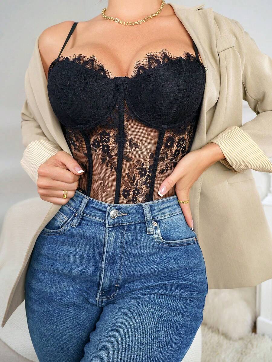 1 Piece Sexy Transparent Lace Camisole Corset, Best Gift For Your Lover - màu đen - Xem 1