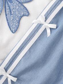 2pcs Girls Kids Fashion Casual White Textured Fabric Sweatshirt With Blue Bow Accent & Flare Leg Blue Pants Set, Suitable For Party, Casual, Vacation, Everyday Wear, Spring & Autumn - Blue - View 7