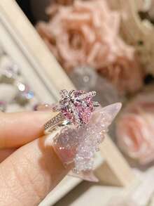 闪亮合成立方氧化锆心形新娘戒指，浪漫情侣戒指，情人节礼物 - 心 - 查看 11