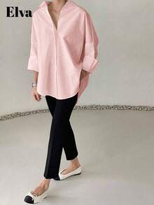 ELVA Black Blouse, Polka Dot Retro Luxurious Style, Long Sleeve Loose Fit, Suitable For Women's Office Wear, Including Work Tops, Autumn Clothing, Back To School Outfits, Back To School Formal Wear, Boyfriend Style Teacher's Outfit, Business Casual Women's Clothing, Winter Wear, New Year Outfit And Summer Tops. Valentine's Day, New Year Outfit - Pink - View 3