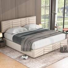 Bed Frames - 米色+絨布+160cm*200cm - 查看 5