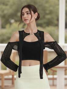 Women Suncreen Cardigan Hollow-Out Metal Buckle Long Sleeve Hooded Cover-Ups Spring Summer Casual Soft Shrugs - 黑色 - 查看 1