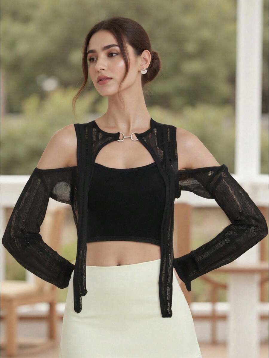 Women Suncreen Cardigan Hollow-Out Metal Buckle Long Sleeve Hooded Cover-Ups Spring Summer Casual Soft Shrugs - 黑色 - 查看 1