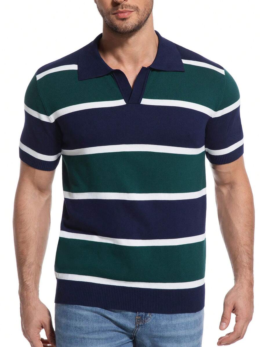 Men's Knit Polo Shirt Short Sleeve Striped Sweater Polo Casual Summer Golf Shirt Soft Lightweight Pullover Top - Royal Blue - View 1