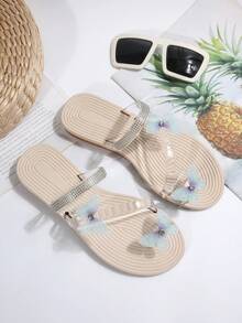 2026 Spring/Summer New Transparent Strap EVA Women Flat Sandals, Butterfly Decor, Rhinestone Rivet, Vacation Beach Sandals - Clear - View 8