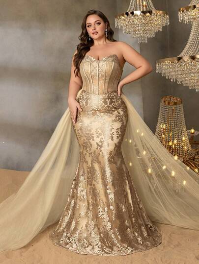 Vestido de noche de cola de sirena para mujer de talla grande, decorado con elegante encaje de parches y corpiño con corset, diseño de falda acampanada, que muestra una elegancia grácil, adecuado para gala de etiqueta negra, boda, baile benéfico, alfombra roja y cena formal