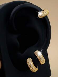 2件套精致闪亮耳环叠戴套装，18K镀金耳环，4排锆石圆形耳环，铜质耳骨环，耳垂上部耳环，可叠戴，不易褪色，低过敏性，厚实小巧的金耳环，适合女性佩戴，旅行简约风格，唇钉穿孔，婚礼金耳环叠戴套装，时尚配饰，女士珠宝 - 一對四排鋯石耳圈 - 查看 9