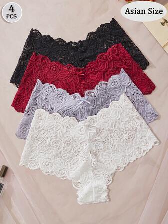 4pcs Ladies Panties Lace Floral Print Fashion Bow Simple Comfort Triangle Panties