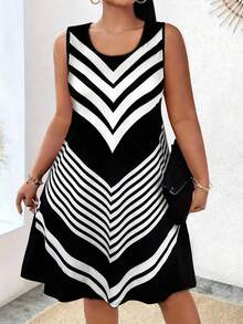 夏季大码条纹吊带背心裙女士沙滩装，女式全印花无袖迷你连衣裙 - 圆领休闲太阳裙，飘逸夏季日常连衣裙，女士沙滩度假背心裙，休闲短裙